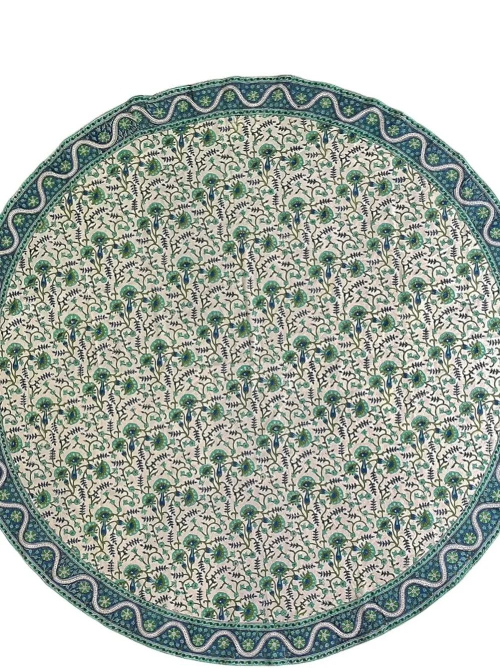 INDIA ARTS NEW Hand Block Print round Tablecloth  72” 100% Cotton Blue Green